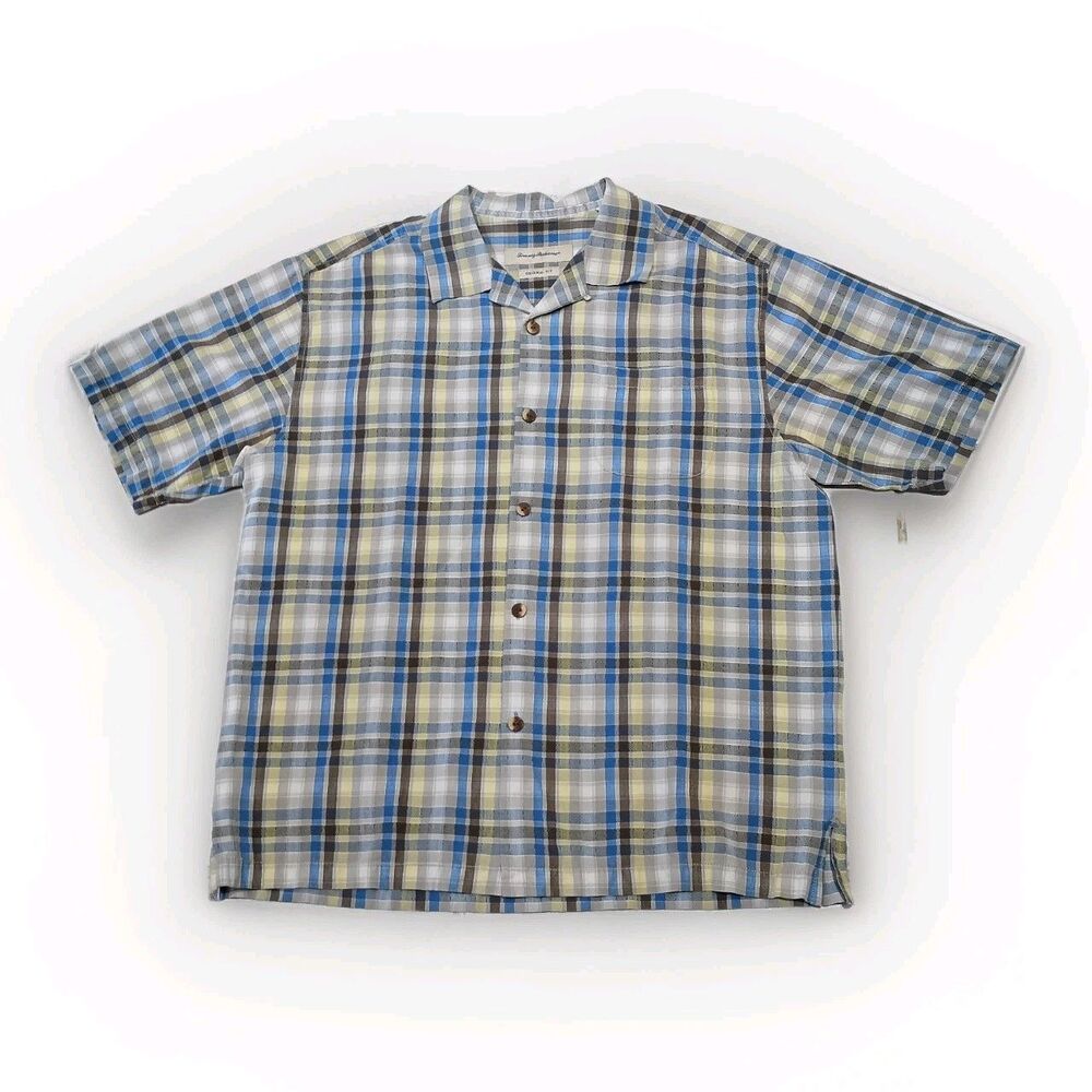 Tommy Bahama Plaid Button Up Short Sleeve Silk Shirt Size Large Single Pocket